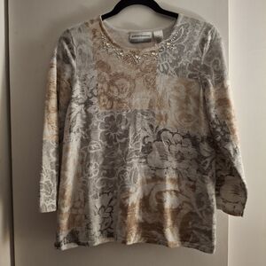 Alfred Dunner Women's Floral Blouse Gray and Tan 3/4 Sleeve